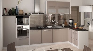 L-Form Küchenzeile "Kvantum" Einbauküche 330x150cm grau - Front beige matt