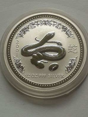 0,5$ 2001 50 cents 2001 Australien Lunar Schlange 1/2 Unze Silber 15,55g 999er Silber