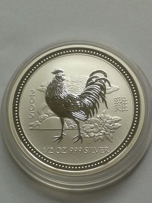 0,5$ 2005 50 cents 2005 Australien Lunar Hahn 1/2 Unze Silber 15,55g 999er Silber