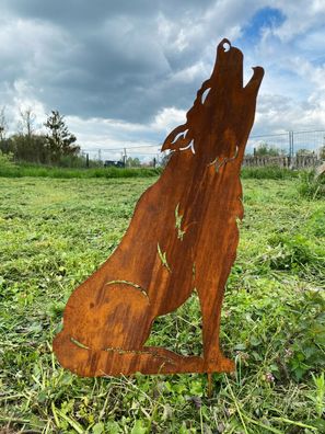 Wolf heulend 50x32cm Edelrost Gartenstecker Rost Metall Rostfigur Vollmond Hund