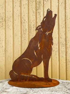 Wolf heulend 75x48cm auf Platte Edelrost Rost Metall Rostfigur Vollmond Hund