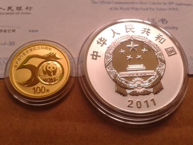 100 Yuan 2011 + 2 x 10 Yuan 2011 PP China 50 Jahre WWF 1/4oz. Gold/ Silber Satz