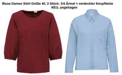 Bluse Damen Shirt Größe 40, 2 Stück: 3/4 Ärmel + verdeckter Knopfleiste. NEU ungetrag