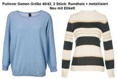 Pullover Damen Größe 40/42, 2 Stück: Rundhals + metallisiert. NEU, mit Etikett.