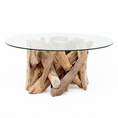 Teak Couchtisch TORA-rund ca. D90cm Wohnzimmertisch Glastisch Holztisch Tisch