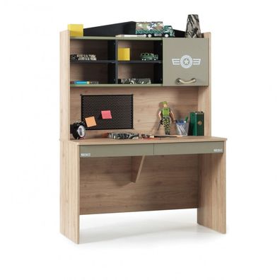 Schreibtisch mit Aufsatz Camp In Holz Braun mit Olivgrünen Design