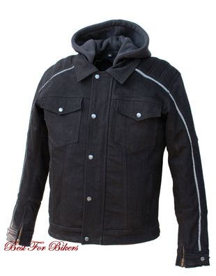 Jeansjacke schwarz / Denimjacke, Motorradjacke, mit Hoodie und Protektorentaschen