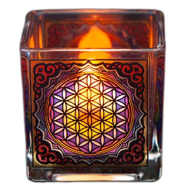 Teelichtglas BLUME DES LEBENS 6 cm Windlicht Kerzenständer Geschenkbox