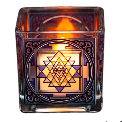 Teelichtglas SHRI YANTRA 6 cm Windlicht Kerzenständer Schutzsymbol Geschenkbox