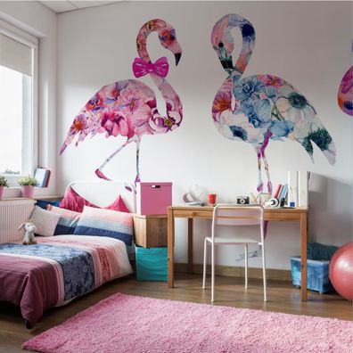 Muralo Selbstklebende Fototapeten XXL Kinder Flamingos Blumen Vögel 3558