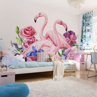 Muralo Selbstklebende Fototapeten XXL für Kinder Flamingos Blumen 3D 3559