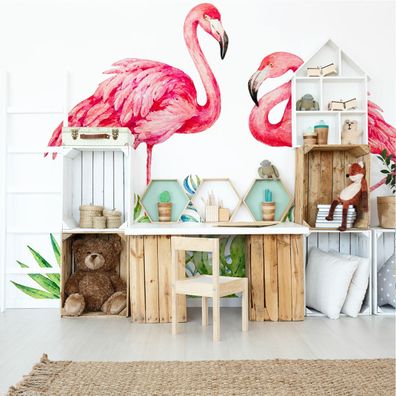 Muralo Selbstklebende Fototapeten XXL für Kinder Flamingos Blätter 3D 3561