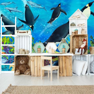 Muralo Selbstklebende Fototapeten XXL Kinder Pinguine Ozean Fische 2862