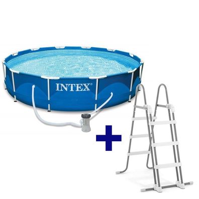 INTEX 28212GN Frame Pool, 366x76cm inkl. Pumpe + INTEX 28075 Sicherheitsleiter