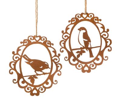 Vogel Hochzeit, 2 Dekohänger im Ornament, Edelrost Fensterdeko, Gartendeko