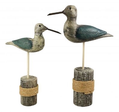 Watvogel Paar aus geschnitztem Holz und farbig bemalt, Seevögel