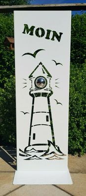 Stele Leuchtturm Moin in weiß Höhe 85 cm Deko maritim Aufsteller Schild