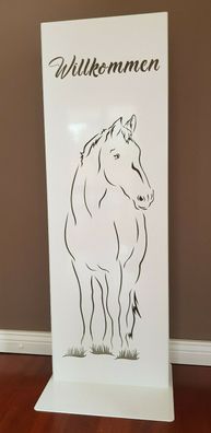 Stele Pferd Willkommen weiß Höhe 85 cm Dekosäule Aufsteller Schild