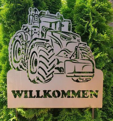 Gartenstecker Trecker (1) "Willkommen" Höhe 170 cm aus 2mm Stahlblech Traktor