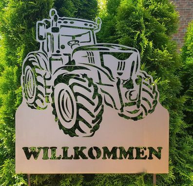 Gartenstecker Trecker (5) "Willkommen" Höhe 170 cm aus 2mm Stahlblech Traktor