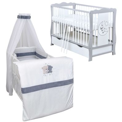 Babybett Kinderbett Diana Weiß Grau Schublade 120x60 Bettwäsche Komplett Set