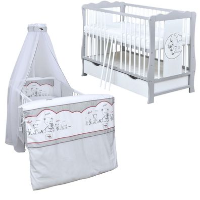 Babybett Kinderbett Diana Weiß Grau Schublade 120x60 Bettwäsche Set Komplett