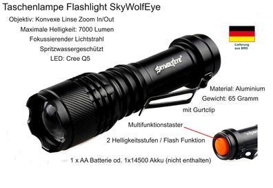 Taschenlampe Flashlight SkyWolfEye LED Cree Q5, 7000lm, Zoom In/ Out, Alu, schwarz