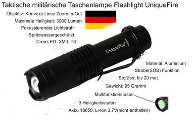 Taschenlampe Flashlight UniqueFire LED Cree XM-LT6 3000lm, Zoom In/ Out, Alu, schwarz