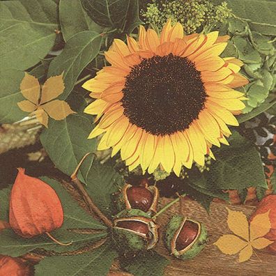 20 Servietten, Kastanien und Sonnenblumen, Bunte Herbstszene 33x33 cm