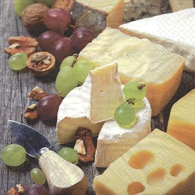 20 Servietten, Käse, Trauben & Walnüsse, leckeres Käse Buffet 33x33 cm