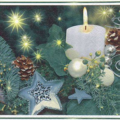 20 Servietten Weihnachten, Weiße Kerzen, Tannengrün, Efeu und Sterne 33x33 cm