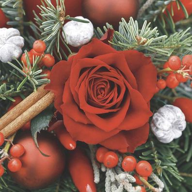 20 Servietten Weihnachten, Rote Rosen mit Tanne, Brunia und Zimtstangen 33x33 cm