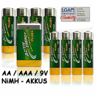 ACTIV ENERGY® AKKU AKKUS AA Mignon AAA Micro 9V E- Block NiMH Akkus Batterien