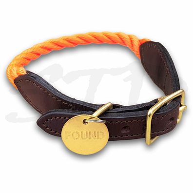 FOUND MY ANIMAL Halsband Seil Leder M Orange Hundehalsband Seilhalsband 30-36 cm
