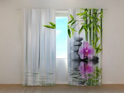 Fotogardine pinke Orchidee und Bambus, Vorhang mit Motiv, Digitaldruck, auf Maß