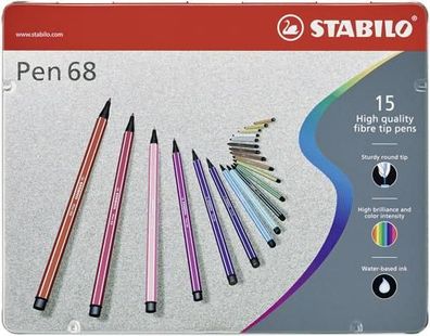 Premium-Filzstift - Stabilo Pen 68 - 15er Metalletui - mit 15 verschiedenen Farb