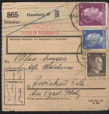 MiF Deutsches Reich Mi 787,791, 795, 5 x 512 gest 9.5.34 Kamburg Paketkarte HK099