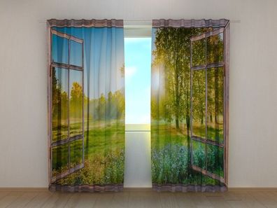 Fotogardine Sonnenaufgang auf einem Feld, Vorhang mit Motiv, Digitaldruck, auf Maß