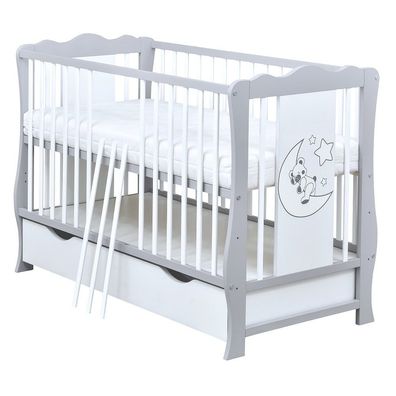 Babybett Kinderbett Diana Teddy Mond 120x60 Weiß Grau Schublade Matratze