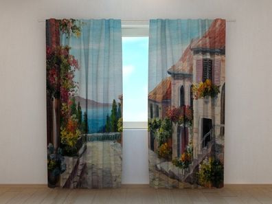 Fotogardine gemalte Stadt am Meer, Vorhang mit Motiv, Digitaldruck, Gardine auf Maß