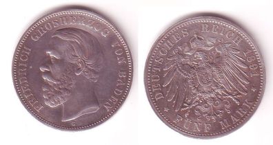 5 Mark Silber Münze Baden A ohne Querstrich 1891 G f. vz/ vz (107525)