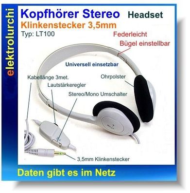 Kopfhörer Stereo, Headset, Klinke 3,5mm, kabel 3,5met. Lautstärke, Sony LT100.