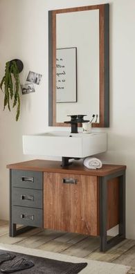 Badmöbel Set Badezimmer Möbelset Waschtisch und Spiegel Eiche grau 80 cm Auburn
