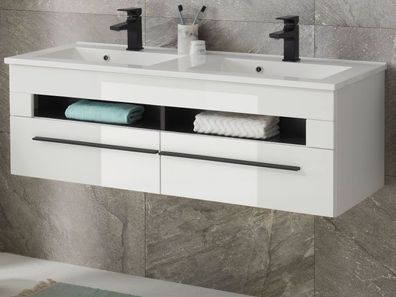 Doppel Waschtisch Set Unterschrank mit Waschbecken Hochglanz weiß 120 cm Design-D