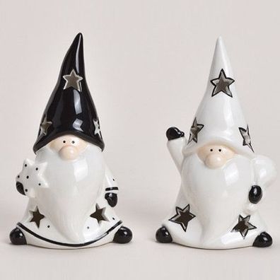 Wichtel Deko Zipfelmütze weiß schwarz Keramik Geschenk Stern Weihnachten Kerze