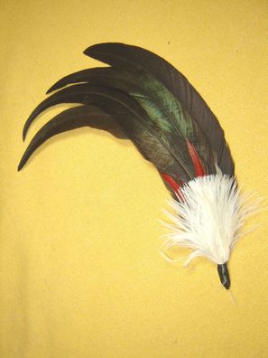 Damenhutfeder Hahnenfedern grün mit weiß und rot Trachten Hutschmuck 23 cm Art13421