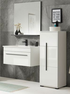 Badmöbel Badezimmer Möbelset weiß Hochglanz mit Midischrank Waschbecken Design-D