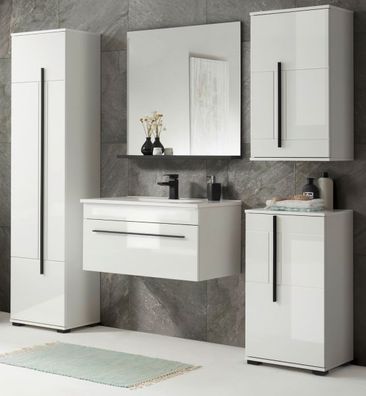 Badmöbel Badezimmer komplett Set weiß Hochglanz Waschtisch MIT Waschbecken Design-D