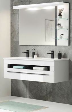 Doppelwaschtisch Set Bad mit Waschbecken Spiegel weiß Hochglanz Badmöbel Design-D