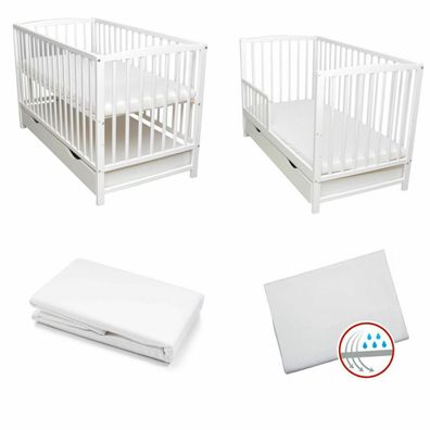 Babybett Kinderbett Weiß 120x60 Schublade Matratze Laken Juniorbett Komplett Set